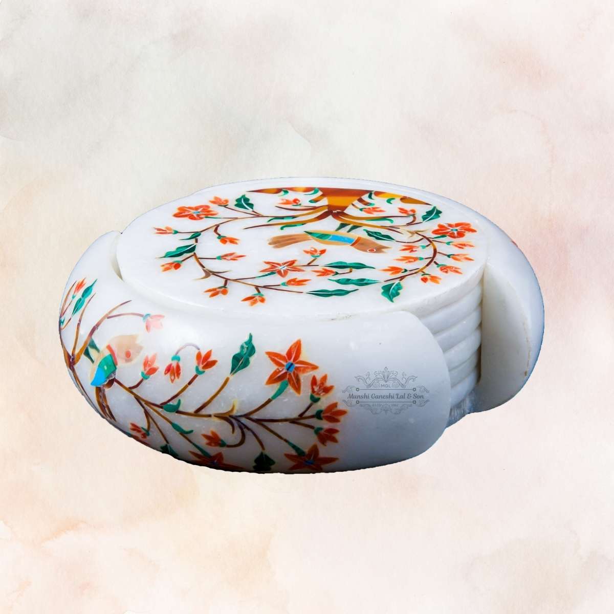Orange & Green Flower Carved Design Marble Coaster
